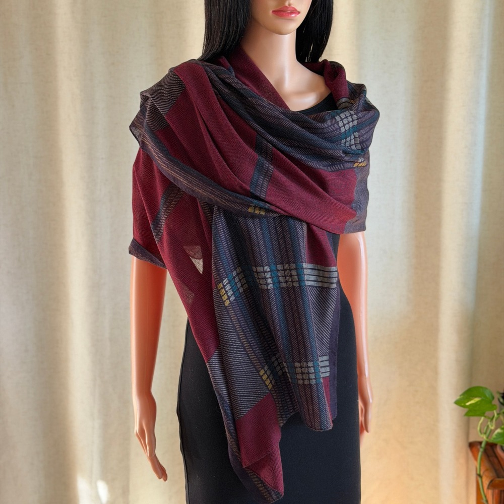 Vtg 90s Geoffrey Beene Plaid Scarf Shawl Wrap Burgundy Navy Grey Dark Academia